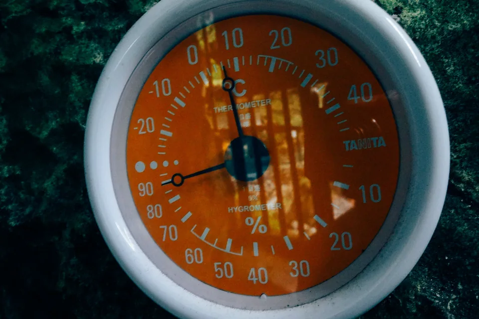 The Best Humidity for Cigars (and Why Temperature Matters) — round analogue hygrometer dial showing relative humidity and temperature scales