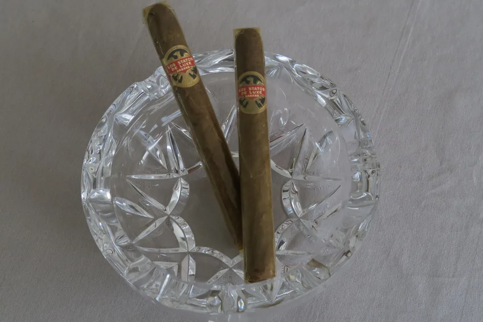Terms of Use — two banded cigars resting in a cut-crystal ashtray on a grey surface
